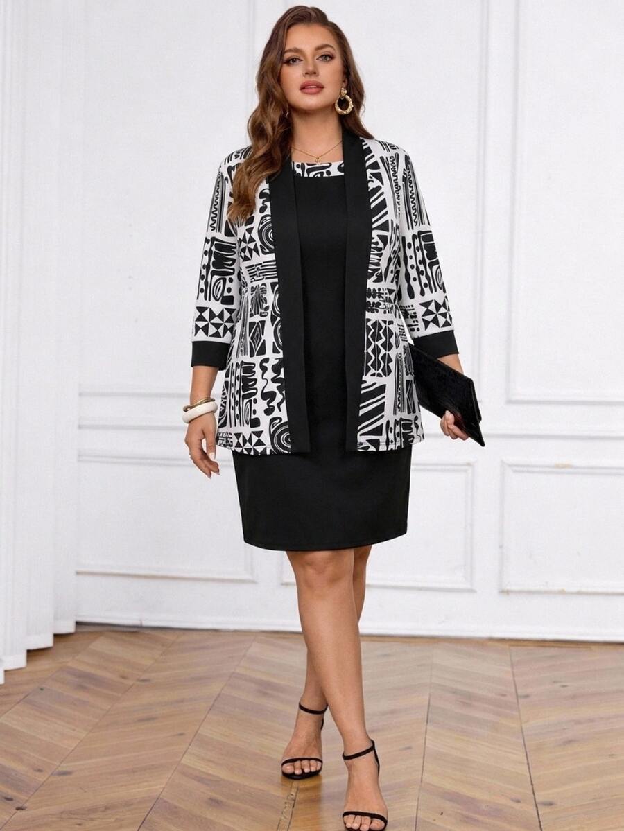 Miaspire Gaun Elegan Ukuran Plus Wanita dengan Kombinasi Warna dan Kardigan Motif Geometris, Set Pakaian Kerja Musim Gugur 2026, Cocok untuk Makan Malam Formal, Warna Putih Hitam - MultiWarna - View 1