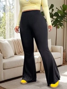 Solflare Black Casual Traditional Plus Size High Waist Flare Pants For Women Gym Office Summer - Black - View 7