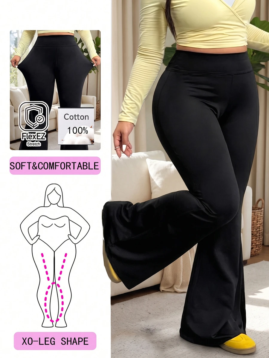 Solflare Black Casual Traditional Plus Size High Waist Flare Pants For Women Gym Office Summer
