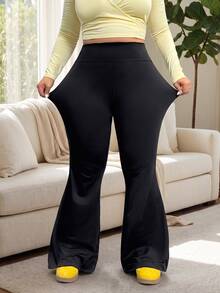 Solflare Black Casual Traditional Plus Size High Waist Flare Pants For Women Gym Office Summer - Black - View 4