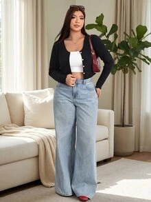 Solflare Plus Size Casual Elegant Gothic Modest Solid Color Long Sleeve Button Front T-Shirt Office Formal Date Night Black Autumn Fall - Black - View 7