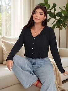 Solflare Plus Size Casual Elegant Gothic Modest Solid Color Long Sleeve Button Front T-Shirt Office Formal Date Night Black Autumn Fall - Black - View 4