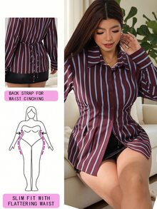 Solflare New Casual Commute Daily Outing Long Sleeve Cinched Waist Ruffle Hem Back Tie Waist Blue Striped Coffee Color Floral Print Woven Plus Size Shirt Fall - Multicolor - View 1