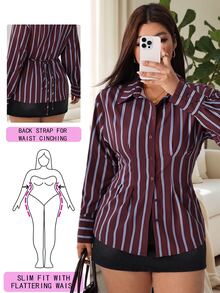 Solflare New Casual Commute Daily Outing Long Sleeve Cinched Waist Ruffle Hem Back Tie Waist Blue Striped Coffee Color Floral Print Woven Plus Size Shirt Fall - Multicolor - View 5