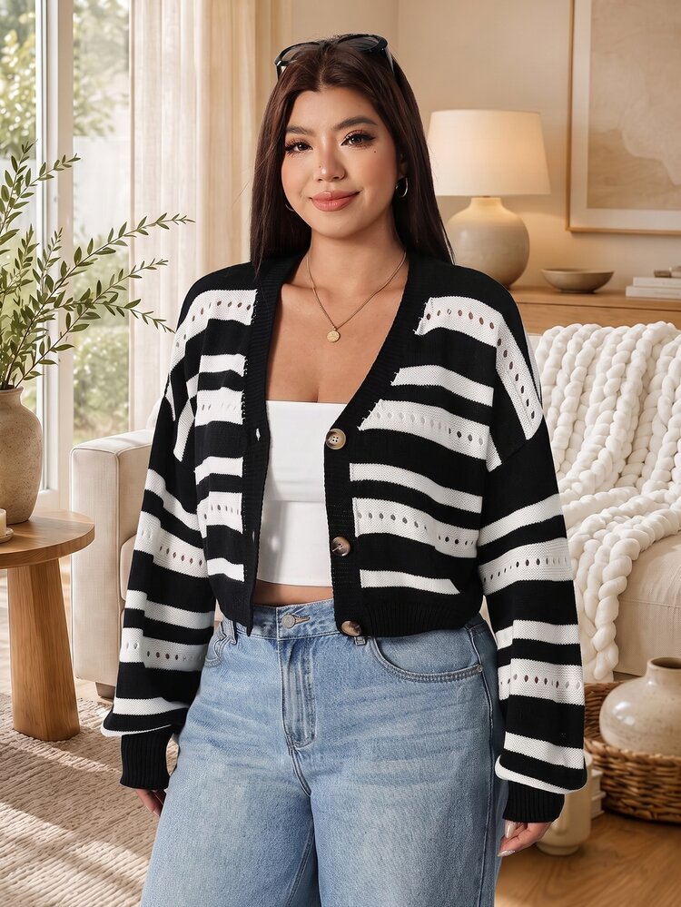 Solflare Plus Size Women's Autumn/Winter Contrast Color Button Long Sleeve Hollow Out Knit Cardigan - Multicolor - View 4