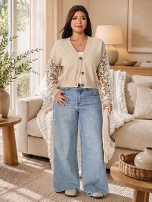 Solflare 大尺碼女款秋冬米色長袖蕾絲拼接針織開襟衫,適合辦公、晚宴、早晨、正式約會,優雅休閒得體商務休閒風 - 卡其色 - 查看 6