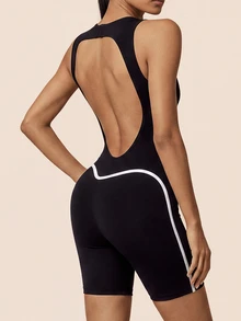 SHEIN BAE Bộ romper thể thao nữ hở lưng không tay - màu đen - Xem 4
