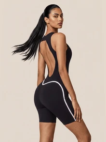 SHEIN BAE Bộ romper thể thao nữ hở lưng không tay - màu đen - Xem 7
