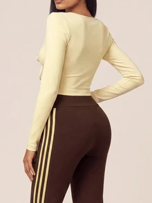 SHEIN BAE Women Yellow Brown Long Sleeve Front Tie Seamless Crop T-Shirt Gym Workout Training Running Yoga Athletic Activewear - Butter Yellow - View 3