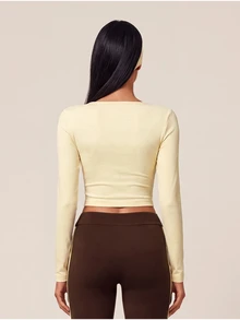 SHEIN BAE Women Yellow Brown Long Sleeve Front Tie Seamless Crop T-Shirt Gym Workout Training Running Yoga Athletic Activewear - Butter Yellow - View 5
