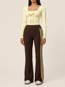 SHEIN BAE Women Yellow Brown Long Sleeve Front Tie Seamless Crop T-Shirt Gym Workout Training Running Yoga Athletic Activewear - Butter Yellow - View 7