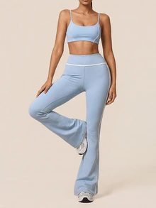 SHEIN BAE Women Light Blue Contrast Trim Spaghetti Strap Crop Tank Top Gym Workout Training Running Yoga Athletic Activewear - Baby Blue - View 6