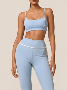 SHEIN BAE Women Light Blue Contrast Trim Spaghetti Strap Crop Tank Top Gym Workout Training Running Yoga Athletic Activewear - Baby Blue - View 4