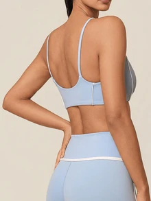 SHEIN BAE Women Light Blue Contrast Trim Spaghetti Strap Crop Tank Top Gym Workout Training Running Yoga Athletic Activewear - Baby Blue - View 3