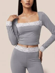SHEIN BAE 女款灰色長袖蕾絲上衣與高腰緊身褲套裝,健身運動訓練跑步瑜珈運動套裝 - 淺灰色 - 查看 2