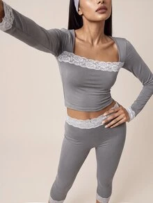 SHEIN BAE 女款灰色長袖蕾絲上衣與高腰緊身褲套裝,健身運動訓練跑步瑜珈運動套裝 - 淺灰色 - 查看 3