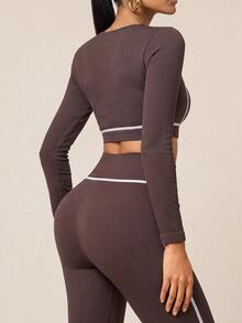 SHEIN BAE Women Brown Seamless Long Sleeve Top & High Waist Leggings Set Gym Workout Training Running Yoga Athletic Matching Co-Ord - Coffee Brown - View 6