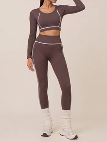 SHEIN BAE Women Brown Seamless Long Sleeve Top & High Waist Leggings Set Gym Workout Training Running Yoga Athletic Matching Co-Ord - Coffee Brown - View 4