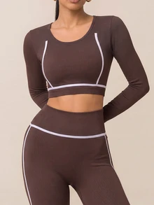 SHEIN BAE Women Brown Seamless Long Sleeve Top & High Waist Leggings Set Gym Workout Training Running Yoga Athletic Matching Co-Ord - Coffee Brown - View 3