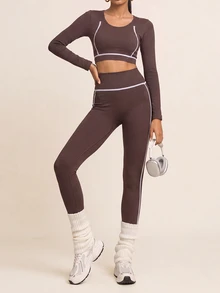 SHEIN BAE Women Brown Seamless Long Sleeve Top & High Waist Leggings Set Gym Workout Training Running Yoga Athletic Matching Co-Ord - Coffee Brown - View 8