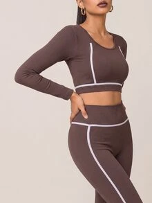 SHEIN BAE Women Brown Seamless Long Sleeve Top & High Waist Leggings Set Gym Workout Training Running Yoga Athletic Matching Co-Ord - Coffee Brown - View 7