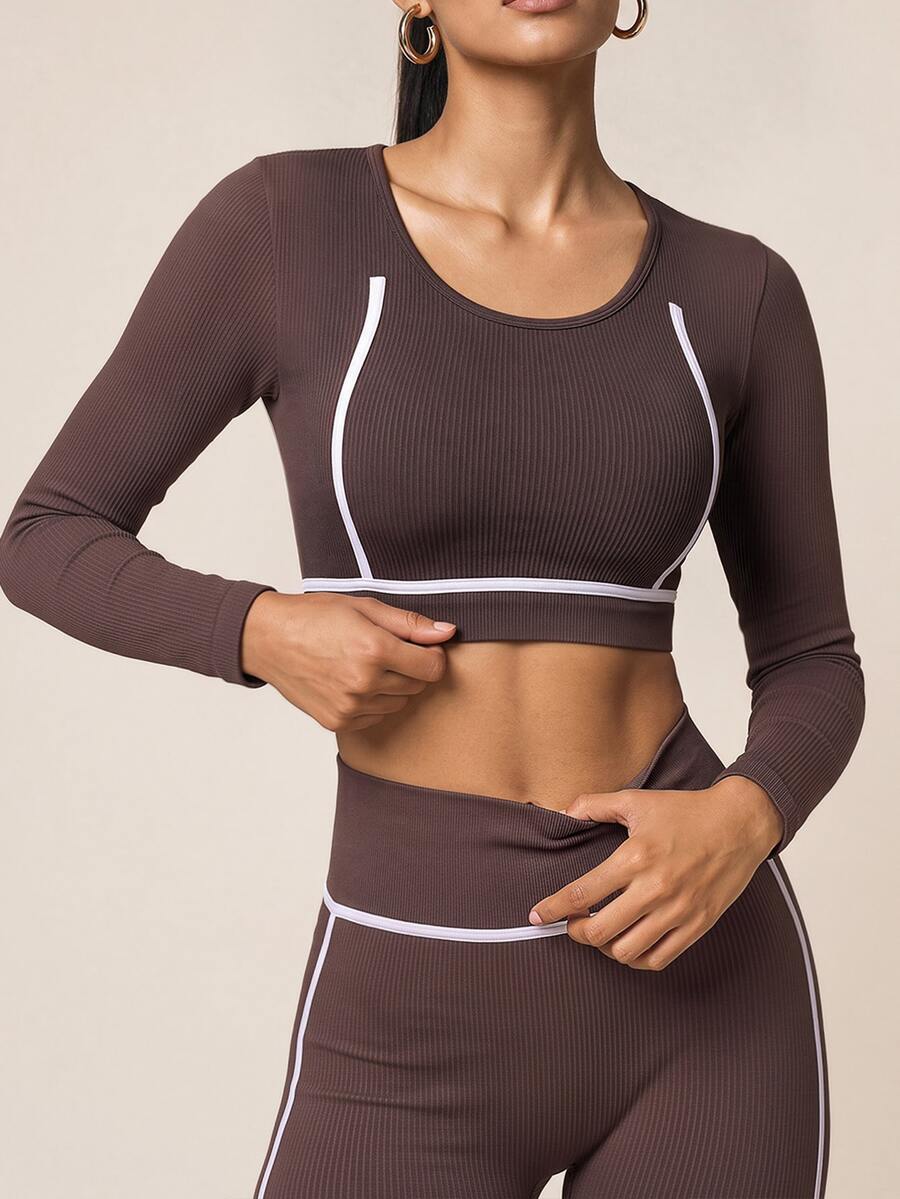 SHEIN BAE Women Brown Seamless Long Sleeve Top & High Waist Leggings Set Gym Workout Training Running Yoga Athletic Matching Co-Ord