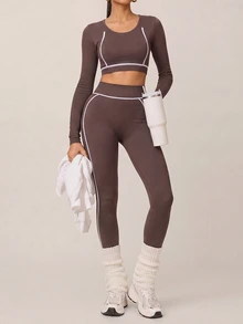 SHEIN BAE Women Brown Seamless Long Sleeve Top & High Waist Leggings Set Gym Workout Training Running Yoga Athletic Matching Co-Ord - Coffee Brown - View 5