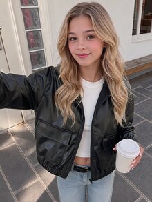 SHEIN 青少年女孩純黑色秋季街頭風貼袋寬鬆休閒連帽夾克，萬聖節返校冬季外套 - 黑色 - 查看 2