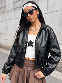 SHEIN 青少年女孩純黑色秋季街頭風貼袋寬鬆休閒連帽夾克，萬聖節返校冬季外套 - 黑色 - 查看 10