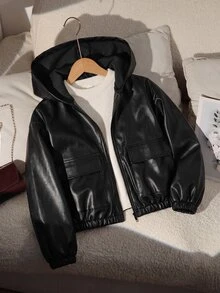 SHEIN 青少年女孩純黑色秋季街頭風貼袋寬鬆休閒連帽夾克，萬聖節返校冬季外套 - 黑色 - 查看 8