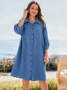 Rosumi Plus Size Minimalist Pocket Single-Breasted Vacation Dress Fall - Dusty Blue - View 3