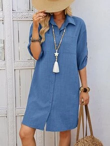 Rosumi Plus Size Minimalist Pocket Single-Breasted Vacation Dress Fall - Dusty Blue - View 8