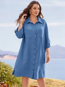 Rosumi Plus Size Minimalist Pocket Single-Breasted Vacation Dress Fall - Dusty Blue - View 10