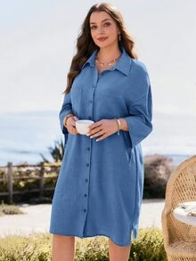 Rosumi Plus Size Minimalist Pocket Single-Breasted Vacation Dress Fall - Dusty Blue - View 11