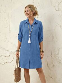 Rosumi Plus Size Minimalist Pocket Single-Breasted Vacation Dress Fall - Dusty Blue - View 9