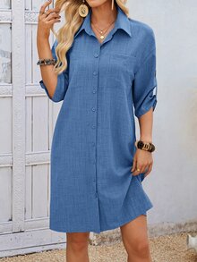 Rosumi Plus Size Minimalist Pocket Single-Breasted Vacation Dress Fall - Dusty Blue - View 7