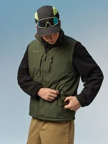 Caldwick Men's Sleeveless Padded Vest With Stand Collar, Casual Outdoor Fishing Fleece Reversible Vest With Multiple Pockets For Winter Sports - Army Green - View 2