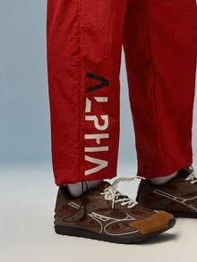 Caldwick Men's Letter Print Drawstring Waist Casual Sports Pants, Workout Running Joggers, Baggy Gym Pants, Lightweight - Red - View 5