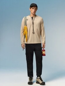 Caldwick 男士休闲纯色华夫格半袖T恤，春秋季，长袖上衣 - 杏色 - 查看 2