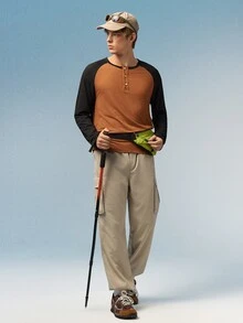 Caldwick 男士双色半扣插肩袖亨利衫，适合外出，休闲拼色亨利长袖上衣，适合朋友穿着，秋季 - 咖啡棕 - 查看 7