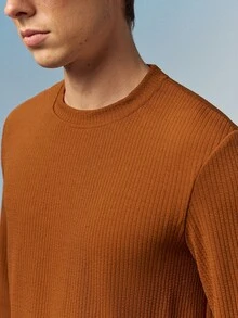 Caldwick 经典男士罗纹圆领长袖运动衫，适合秋季 - 棕色 - 查看 6