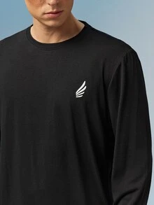Caldwick Men Wings Print Casual Long Sleeve Tee, Boyfriend Gift, For Work, For Fall - Black - View 6