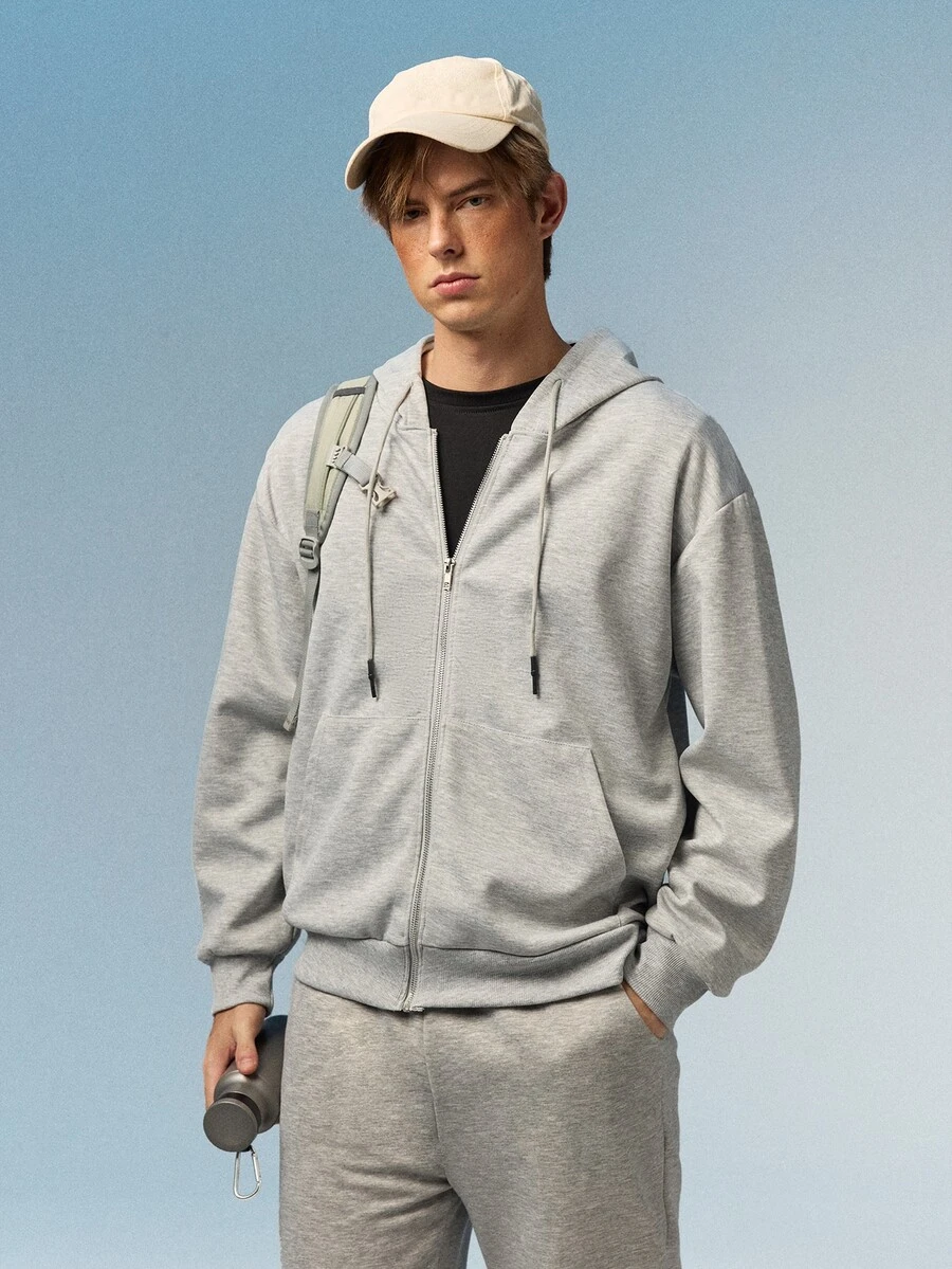Caldwick Men's Solid Color Full Zip Hoodie Sweatshirt With Multiple Pockets, Suitable For Outdoor Daily Wear, Spring & Autumn Sports - Light Grey - View 1