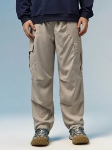 Caldwick Men's Solid Color Drawstring Waist Cargo Pocket Pants, Fall - Light Grey - View 6