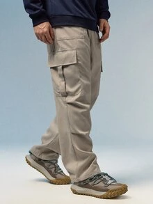 Caldwick Men's Solid Color Drawstring Waist Cargo Pocket Pants, Fall - Light Grey - View 5