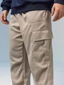 Caldwick Men's Solid Color Drawstring Waist Cargo Pocket Pants, Fall - Light Grey - View 4