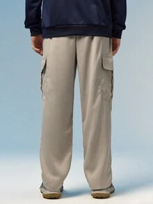 Caldwick Men's Solid Color Drawstring Waist Cargo Pocket Pants, Fall - Light Grey - View 3