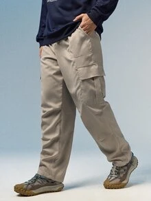 Caldwick Men's Solid Color Drawstring Waist Cargo Pocket Pants, Fall - Light Grey - View 1