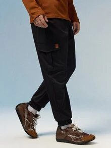 Caldwick Men's Drawstring Waist Slant Pocket Cargo Pants, For Fall - Black - View 6