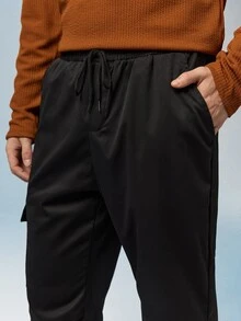 Caldwick Men's Drawstring Waist Slant Pocket Cargo Pants, For Fall - Black - View 4
